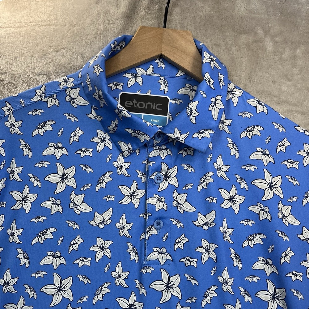 Etonic Polo Shirt Men Large Blue White Floral Short Sleeve Golf Performance